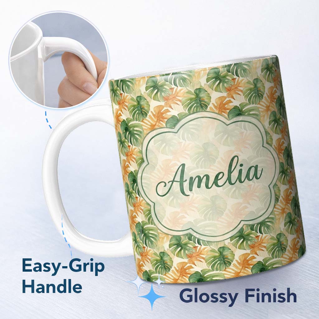 Personalized Custom Name Green and Warm Orange Tropical Monstera Leaves Seamless Pattern 11oz Ceramic Coffee Tea Mug White Large Handle