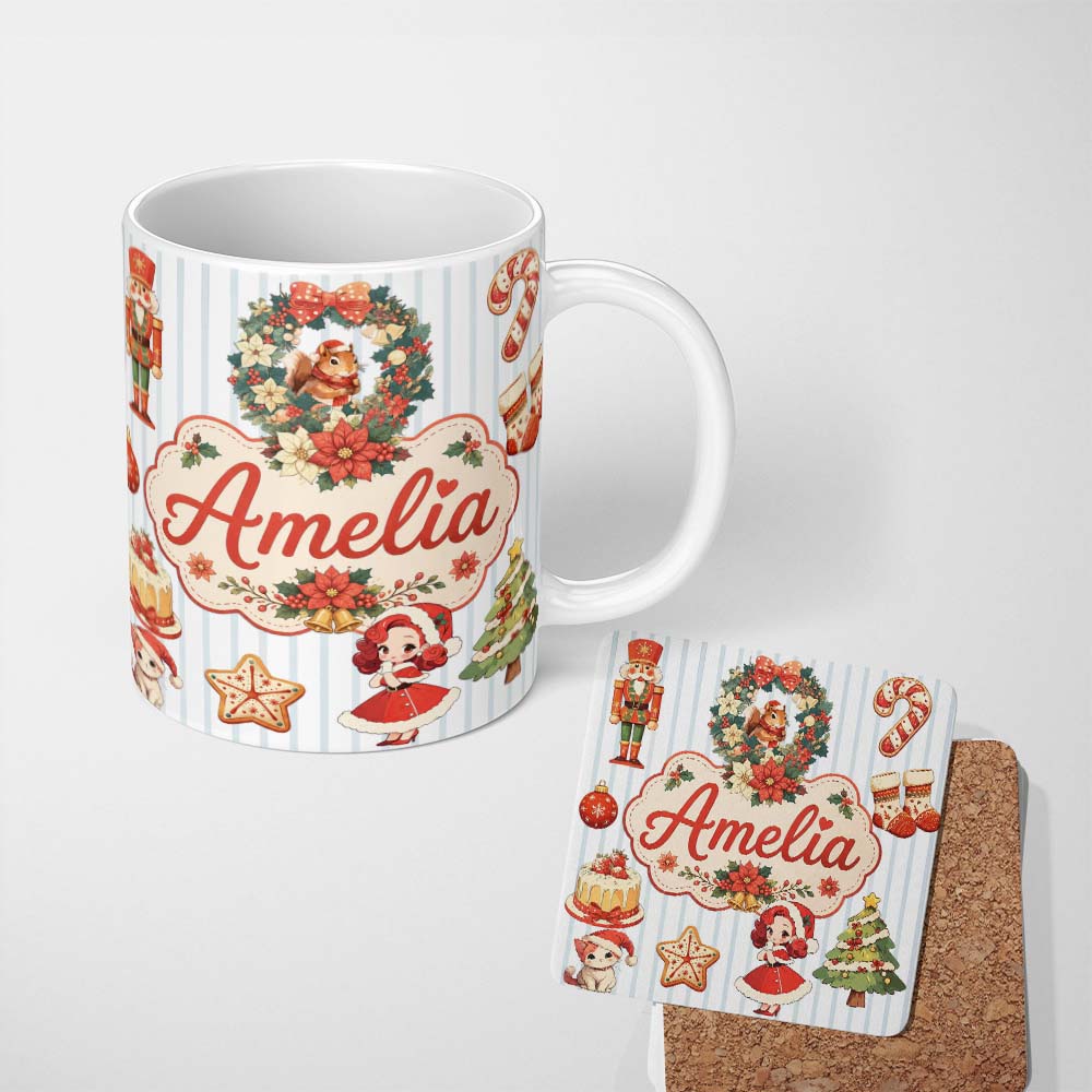 Personalized Custom Name Christmas Nutcracker Squirrel Cake Candy Cane Girl Tree lue Stripe 11oz Ceramic Coffee Tea Mug White Large Handle