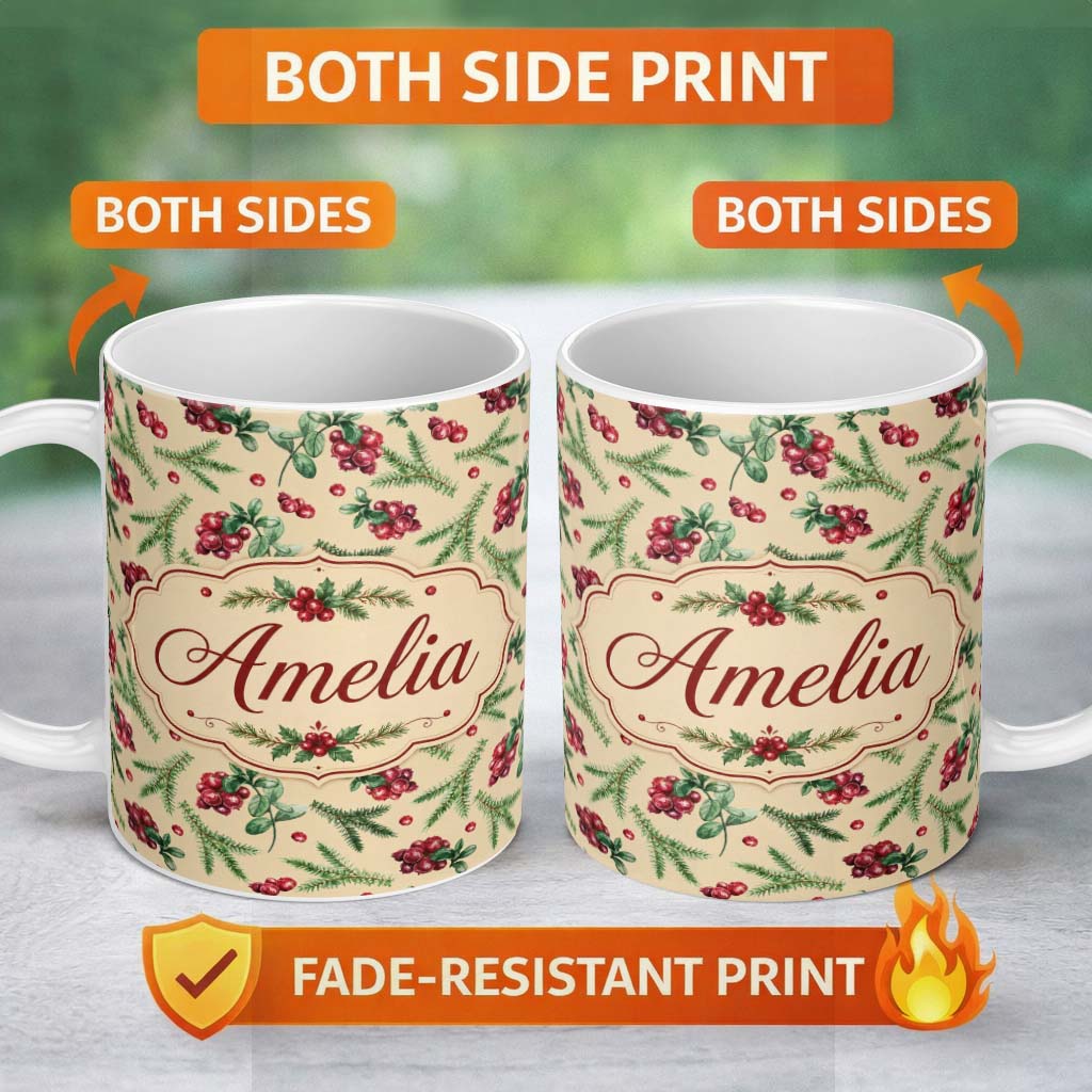 Personalized Custom Name Watercolor Christmas Berries Pine Branches Seamless Pattern Festive 11oz Ceramic Coffee Tea Mug White Large Handle