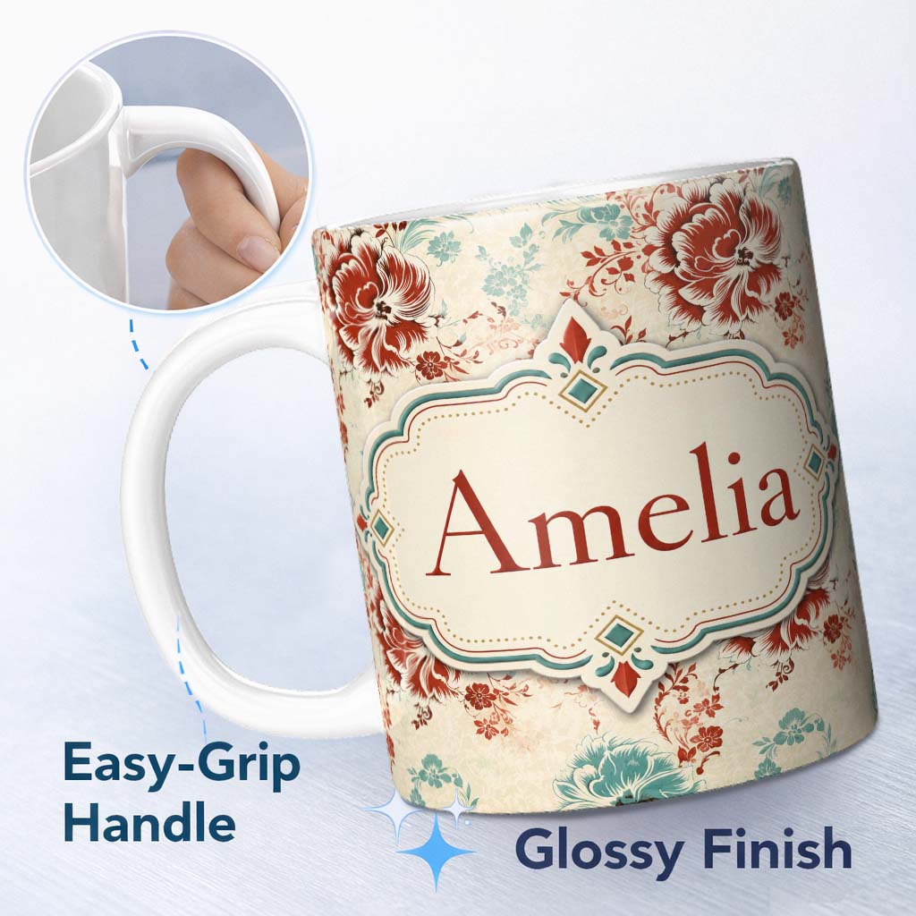 Personalized Custom Name Vintage Red Teal Floral Damask Seamless Pattern Perfect Gift for Her 11oz Ceramic Coffee Tea Mug White Large Handle