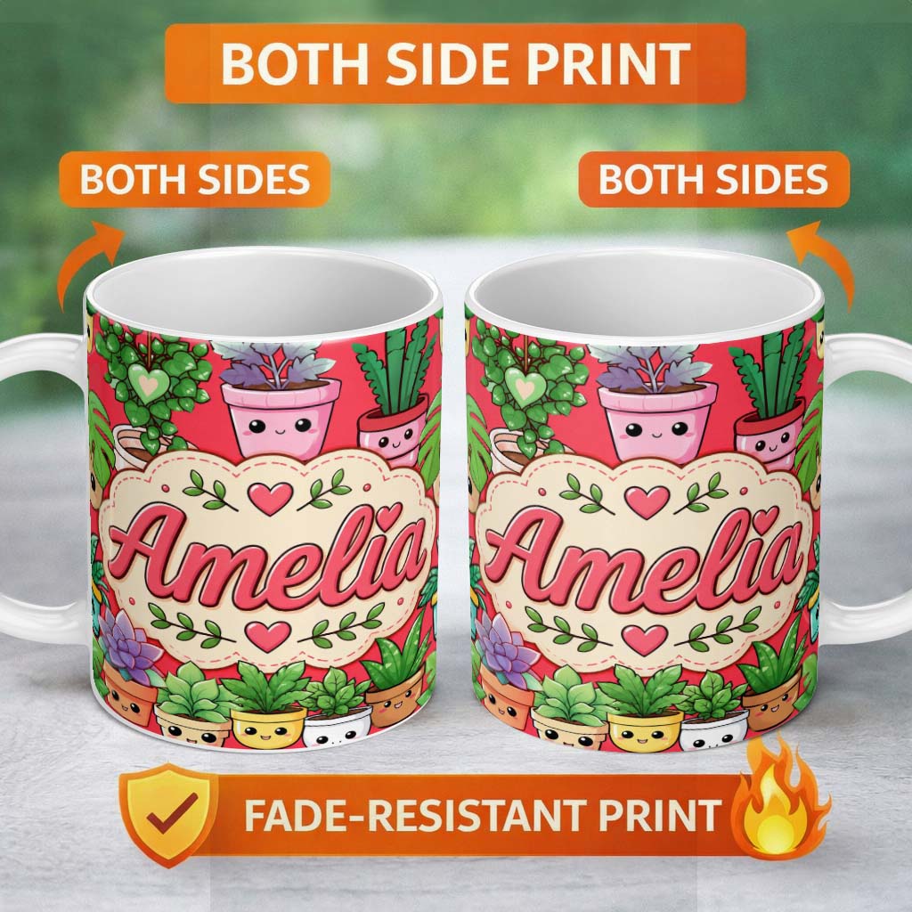 Personalized Custom Name Cute Kawaii Smiling Plant Pots Succulents Leaves Pattern Red Lovely 11oz Ceramic Coffee Tea Mug White Large Handle