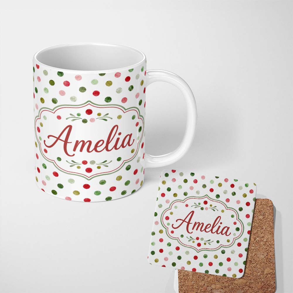 Personalized Custom Name Watercolor Red Green Polka Dot Festive Seamless Pattern Lovely 11oz Ceramic Coffee Tea Mug White Large Handle