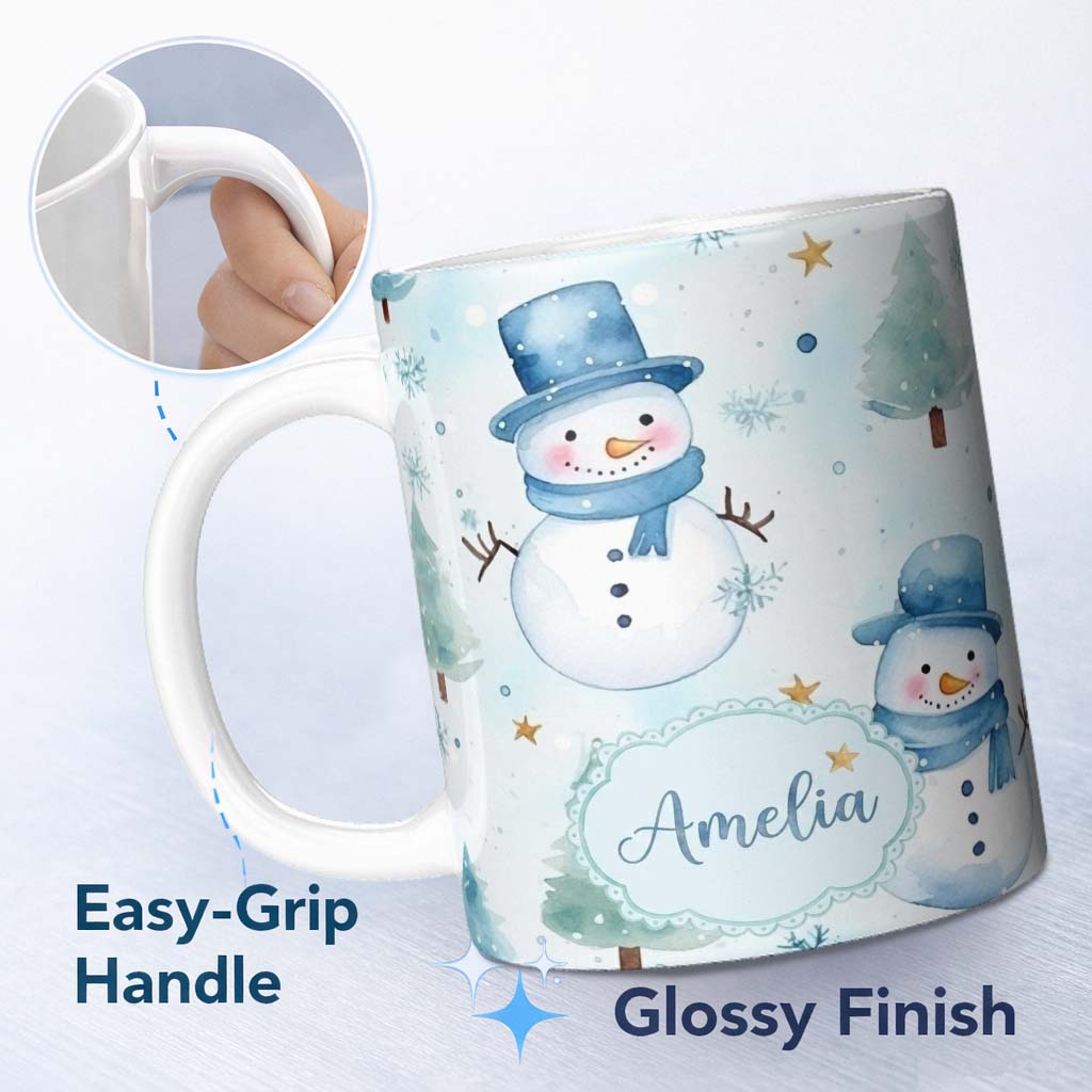 Personalized Custom Name Cute Snowman Winter Snowflake Blue Holiday Seamless Pattern Lovely 11oz Ceramic Coffee Tea Mug White Large Handle