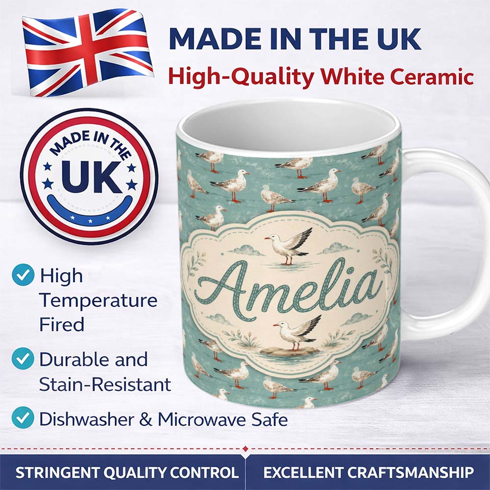 Personalized Custom Name Vintage Seagulls Standing on Textured Coastal Background Seamless 11oz Ceramic Coffee Tea Mug White Large Handle