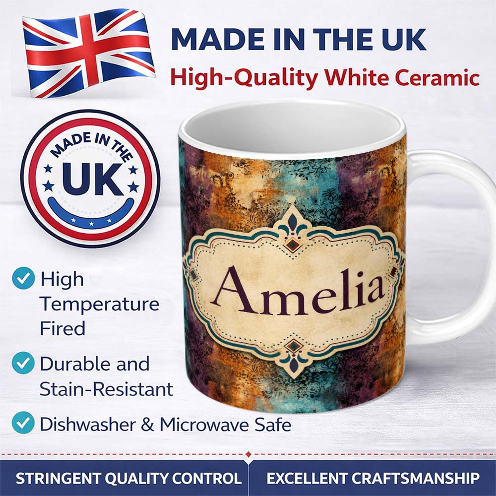 Personalized Custom Name Abstract Grunge Patchwork Texture Seamless Pattern Cute Unique Gift 11oz Ceramic Coffee Tea Mug White Large Handle