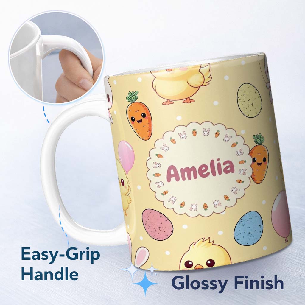 Personalized Custom Name Cute Easter Bunny Chick Carrots Eggs Polka Dot Pastel Yellow Lovely 11oz Ceramic Coffee Tea Mug White Large Handle