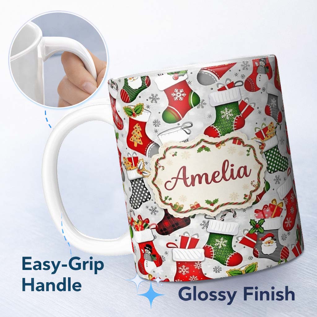 Personalized Custom Name Christmas Stockings Gifts Candy Snowflake Seamless Pattern Lovely 11oz Ceramic Coffee Tea Mug White Large Handle