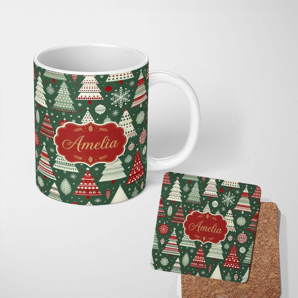 Personalized Custom Name Nordic Holiday Trees with Ornaments Snowflakes and Red Green Decor 11oz Ceramic Coffee Tea Mug White Large Handle