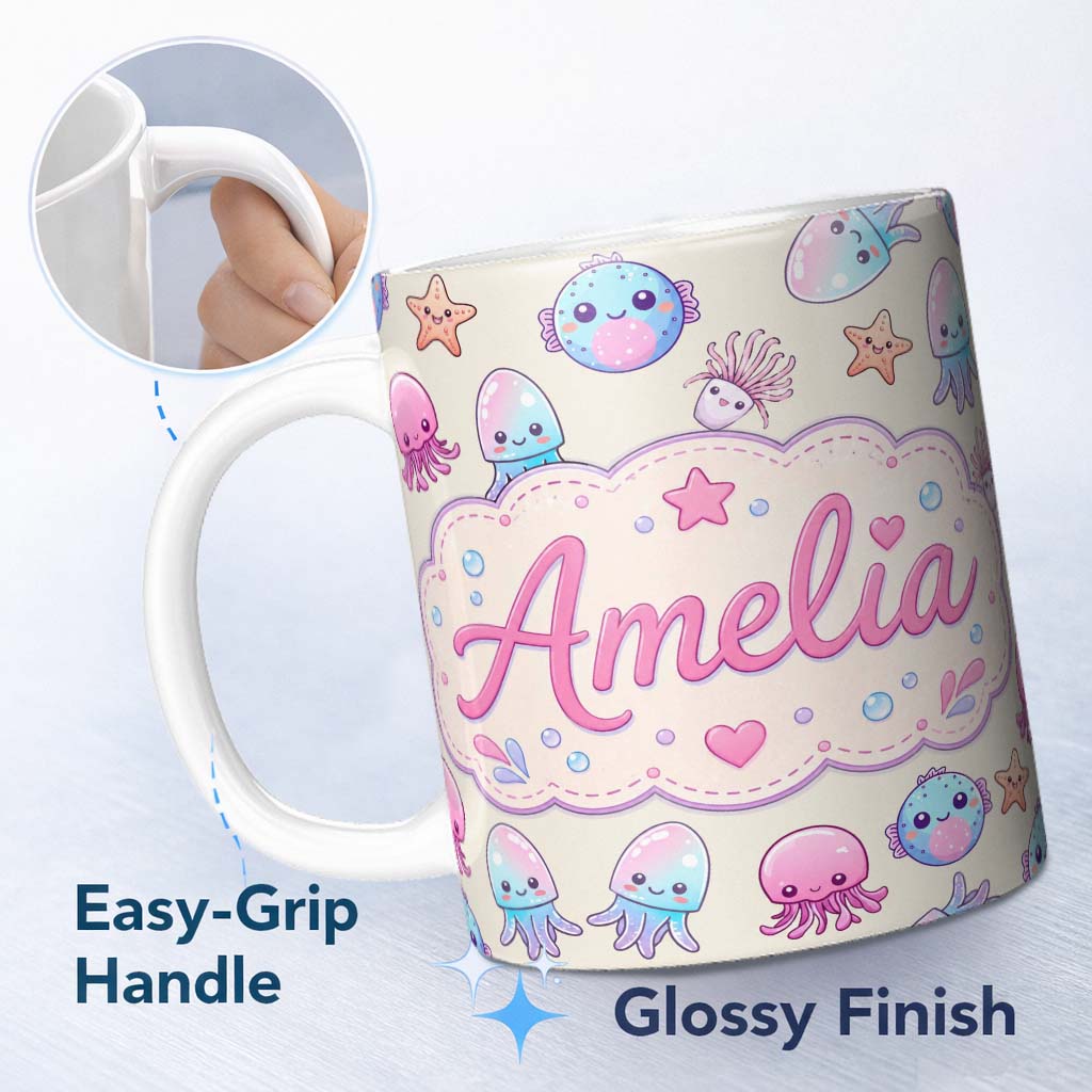 Personalized Custom Name Kawaii Jellyfish Starfish and Sea Creatures Pastel Beige Background 11oz Ceramic Coffee Tea Mug White Large Handle