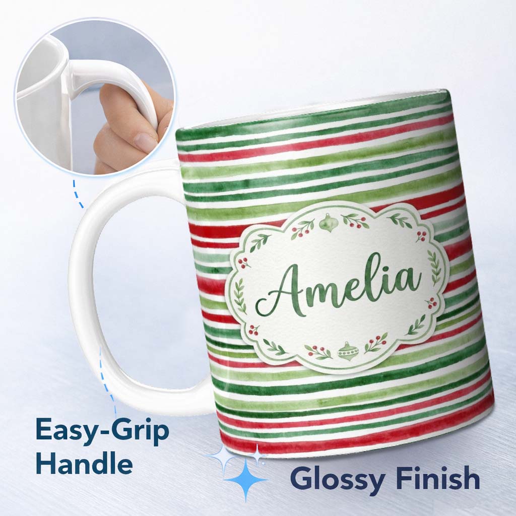 Personalized Custom Name Hand Painted Red Green Horizontal Stripe Pattern Christmas Design 11oz Ceramic Coffee Tea Mug White Large Handle