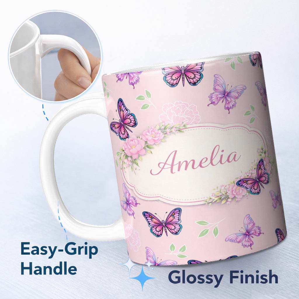 Personalized Custom Name Pink Purple Butterfly Floral Soft Pink Background Seamless Pattern 11oz Ceramic Coffee Tea Mug White Large Handle