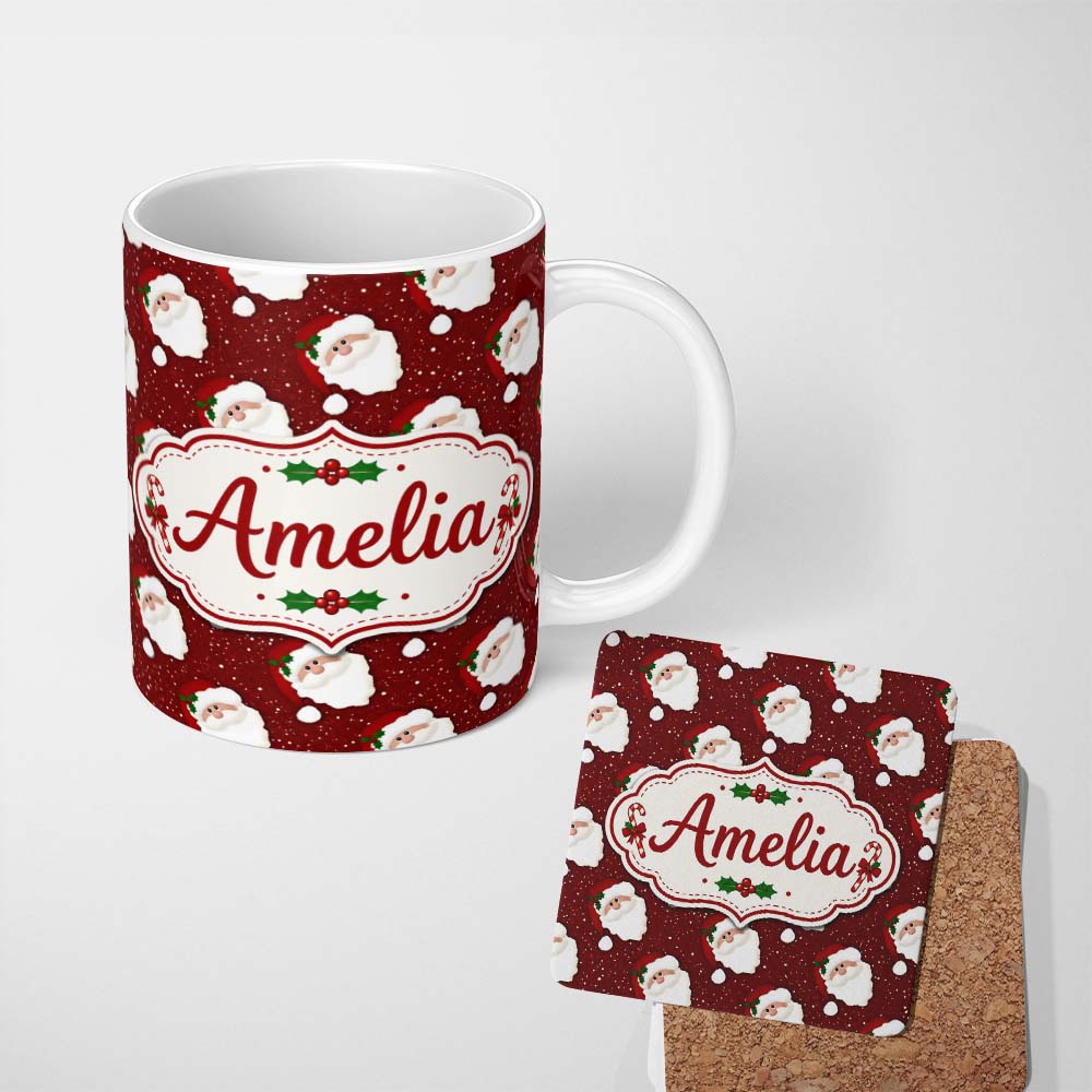 Personalized Custom Name Santa Face Red Snow Background Christmas Seamless Pattern Lovely 11oz Ceramic Coffee Tea Mug White Large Handle