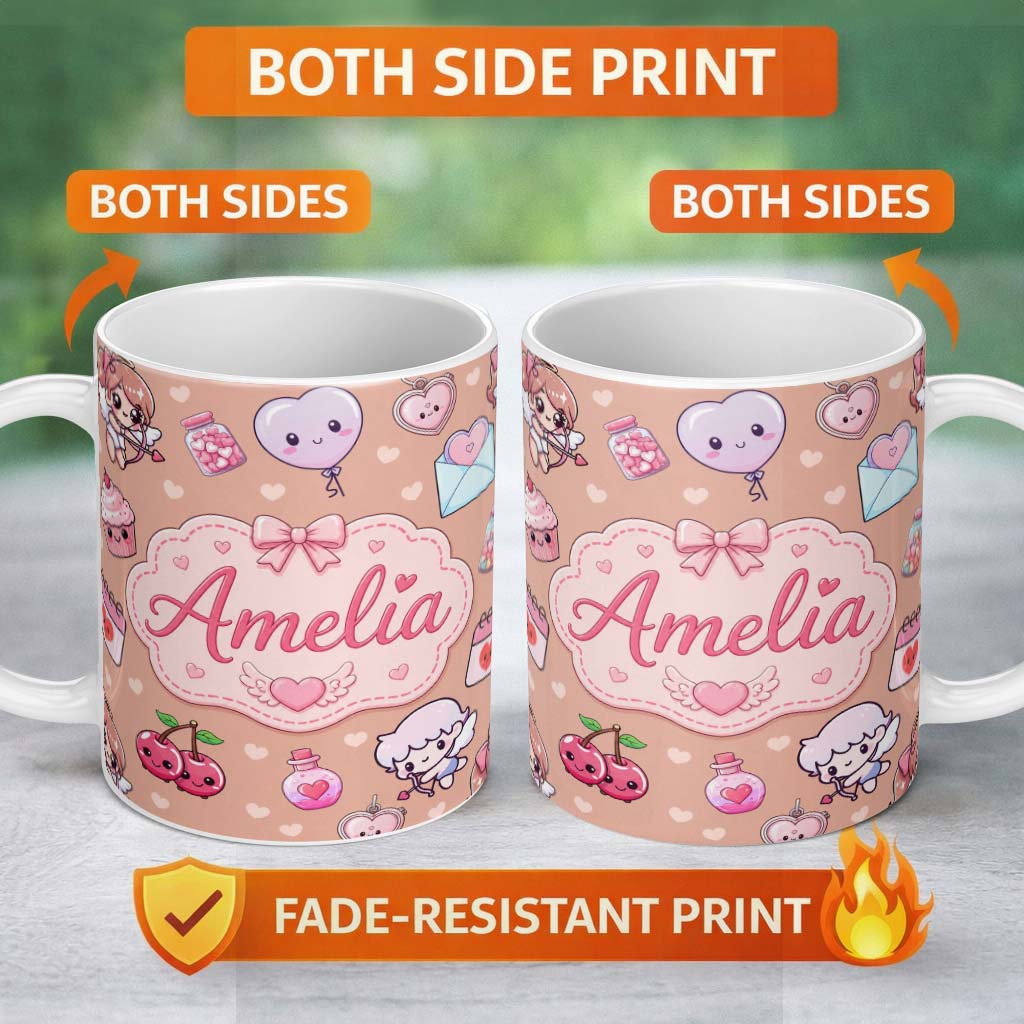 Personalized Custom Name Cute Cupid Angels Hearts Sweets Balloon Love Elements Pattern Peach 11oz Ceramic Coffee Tea Mug White Large Handle