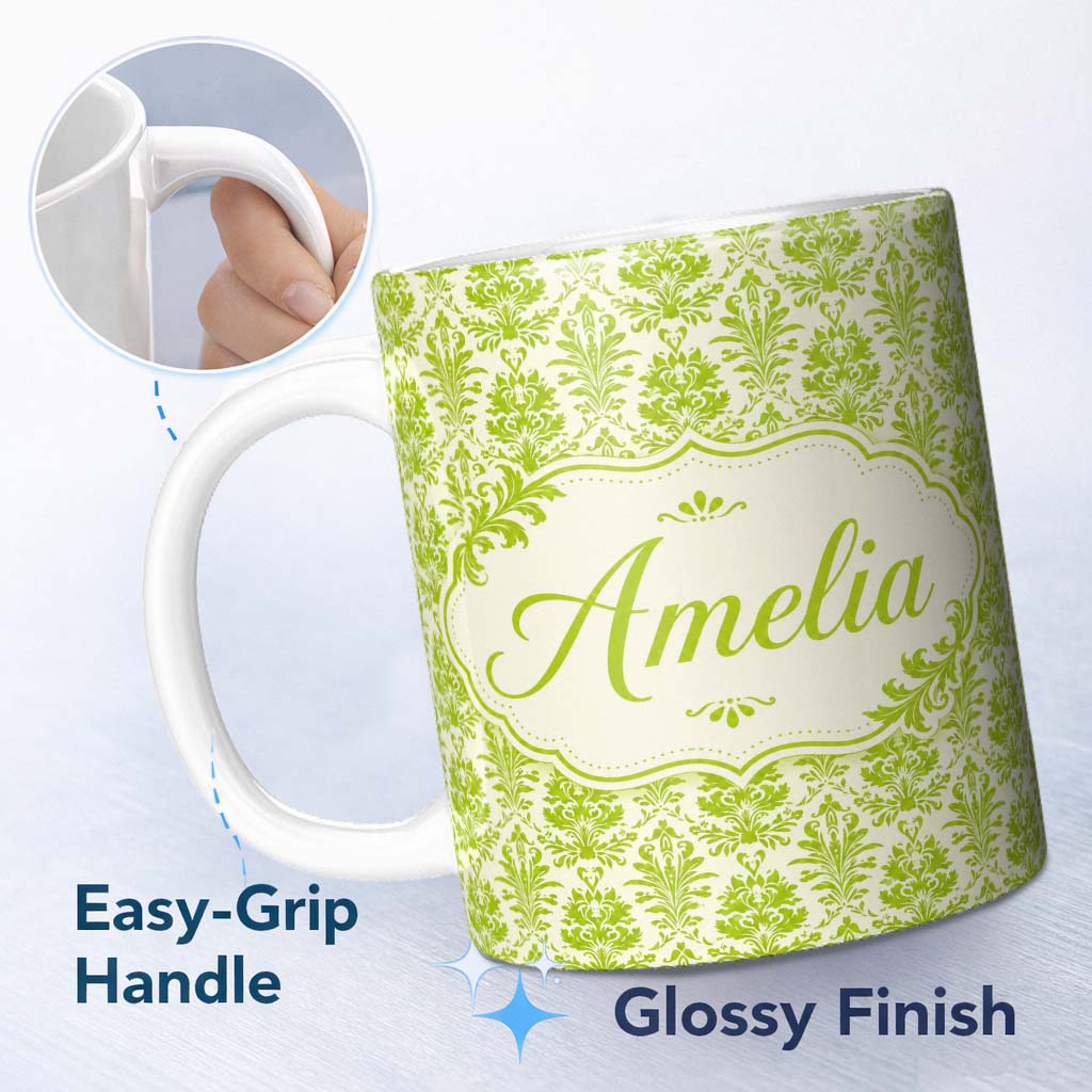 Personalized Custom Name Ornate Green Damask Style Pattern on Light Background Seamless 11oz Ceramic Coffee Tea Mug White Large Handle