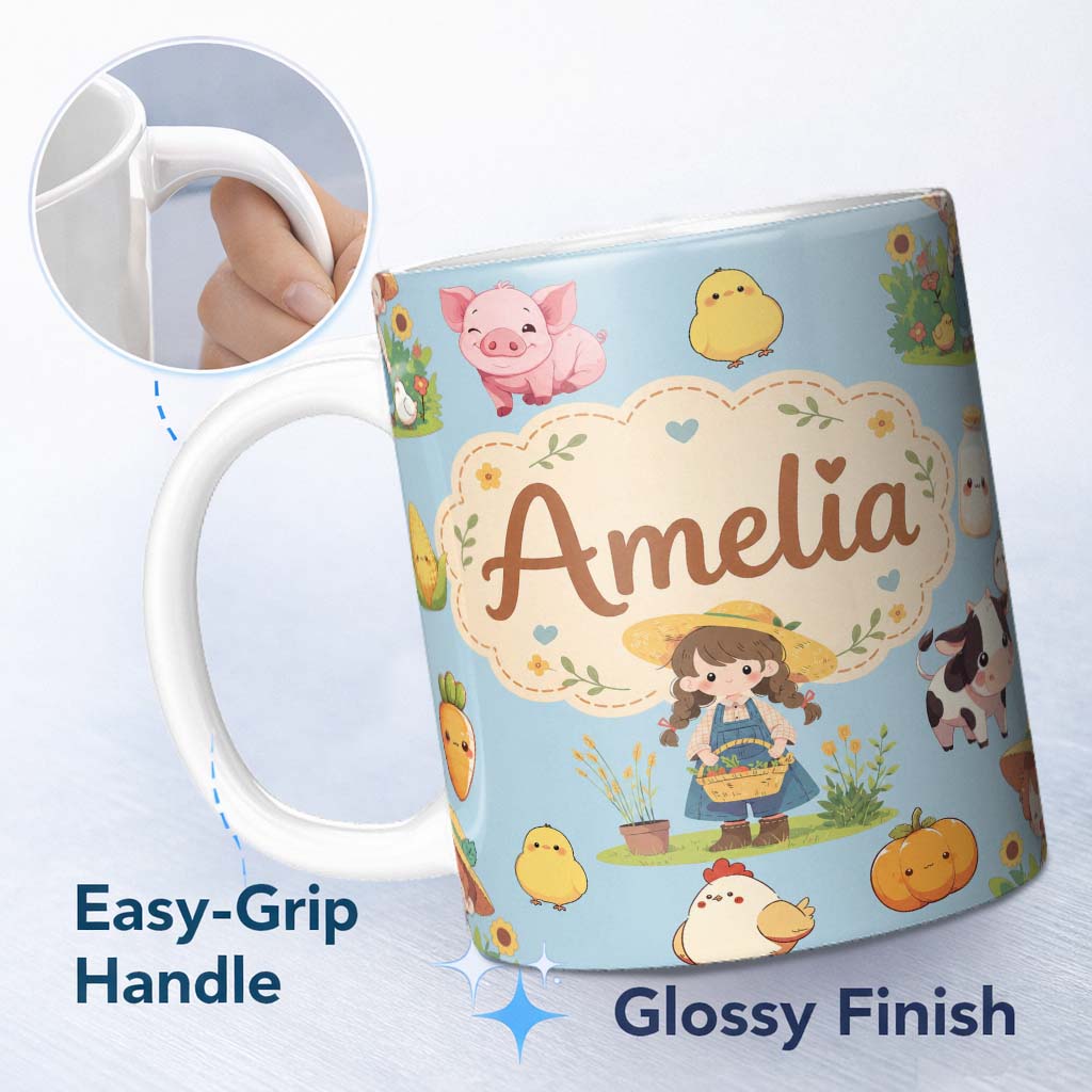Personalized Custom Name Cute Farm Girl Animals Harvest Seamless Pattern Blue Background 11oz Ceramic Coffee Tea Mug White Large Handle