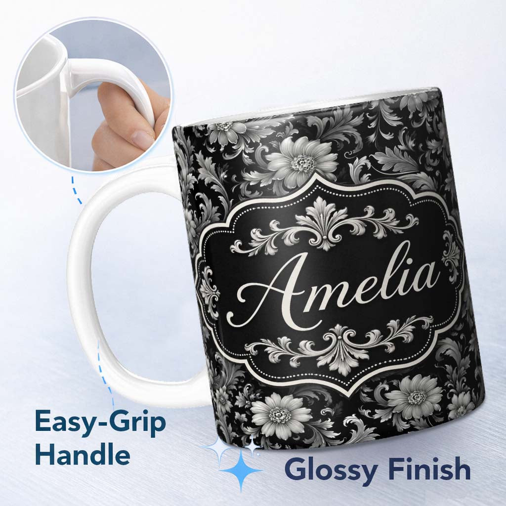 Personalized Custom Name Vintage Black and White Floral with Ornate Botanical Details Design 11oz Ceramic Coffee Tea Mug White Large Handle