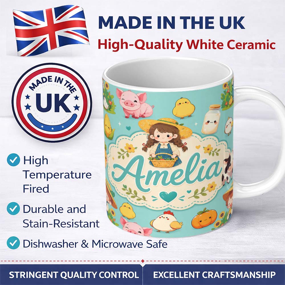 Personalized Custom Name Cute Farm Animals Girl Pig Cow Chicken Mint Green Background Lovely 11oz Ceramic Coffee Tea Mug White Large Handle
