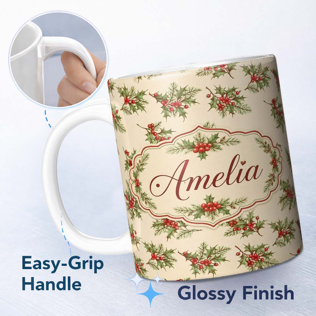 Personalized Custom Name Watercolor Holly Berries Green Leaves Minimal Seamless Pattern 11oz Ceramic Coffee Tea Mug White Large Handle
