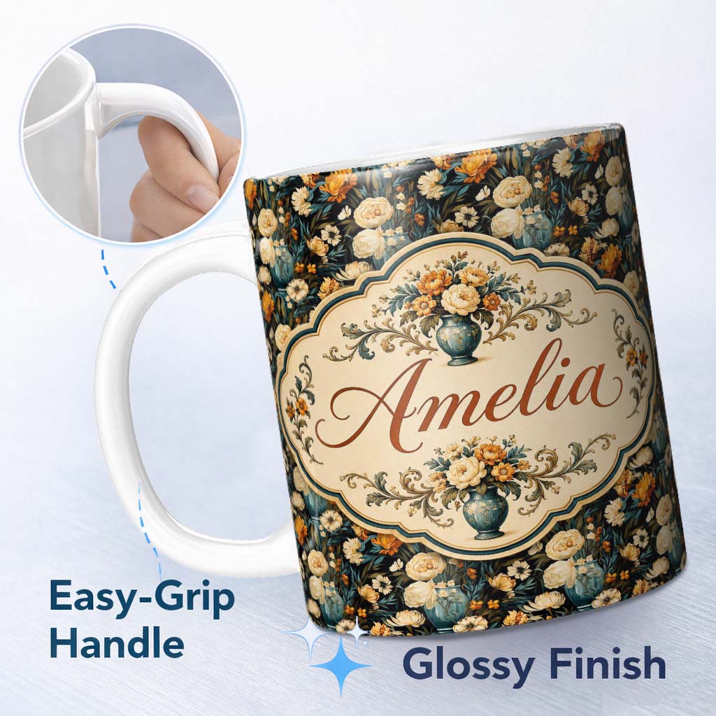 Personalized Custom Name Lush Peony and Blossom Floral Pattern in Teal Vase on Dark Lovely 11oz Ceramic Coffee Tea Mug White Large Handle