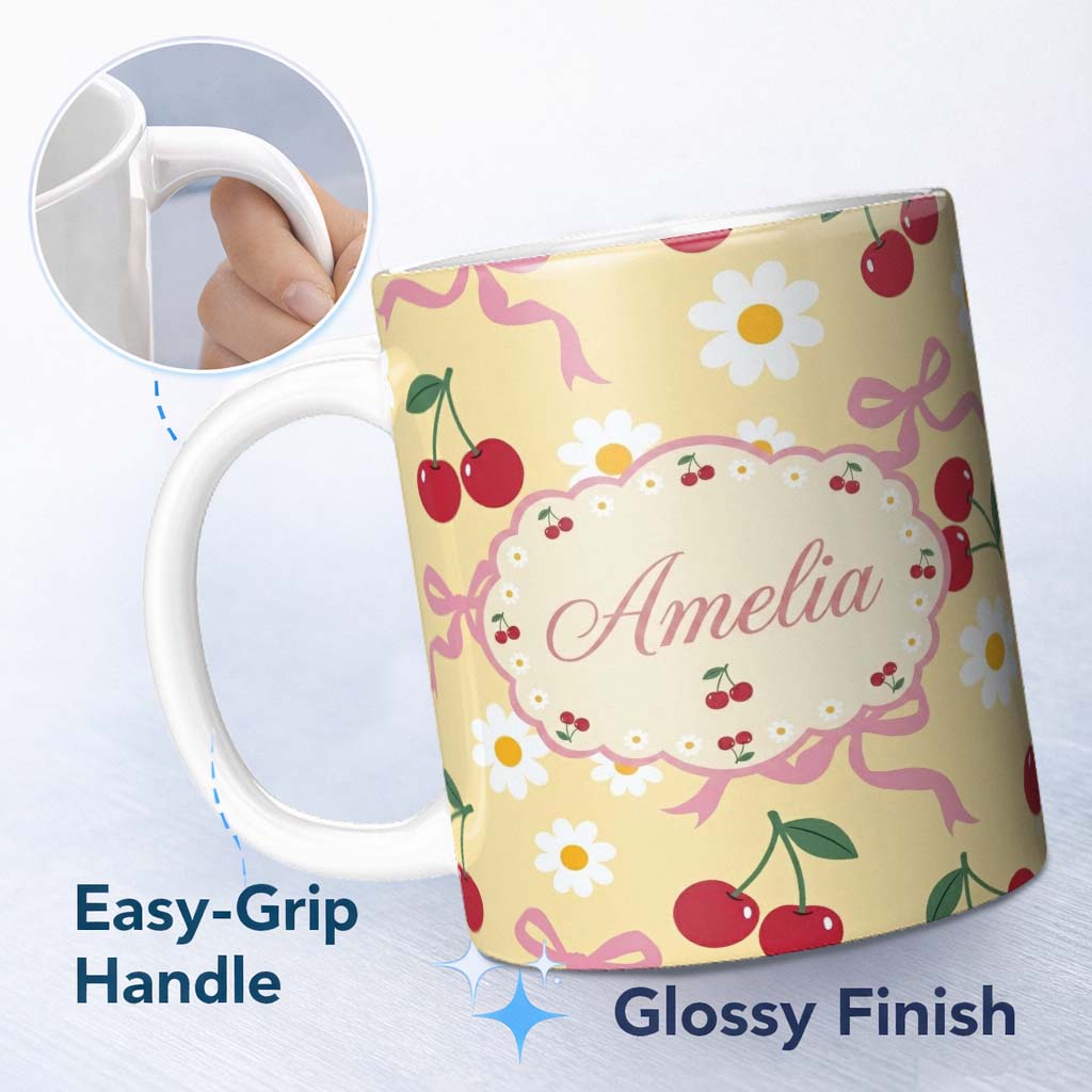 Personalized Custom Name Cute Cherry Bow and Daisy Yellow Check Seamless Pattern Lovely 11oz Ceramic Coffee Tea Mug White Large Handle