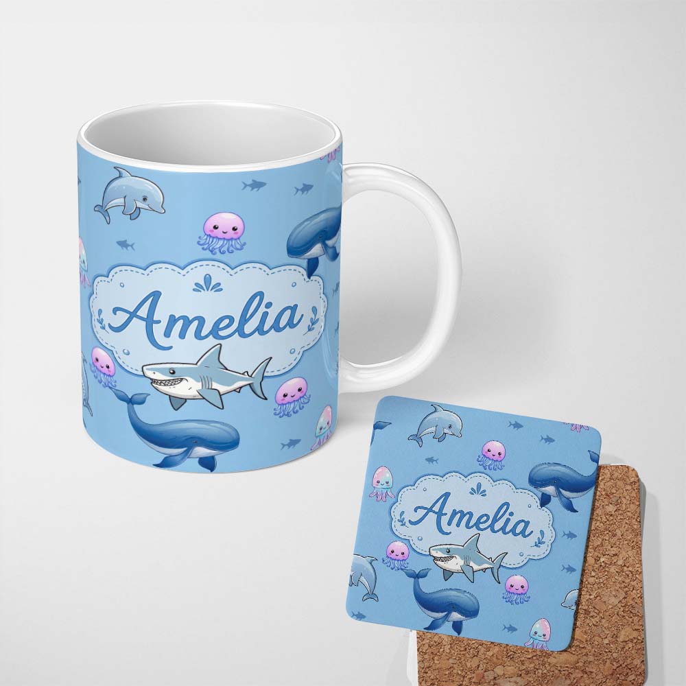 Personalized Custom Name Cute Dolphin Shark and Jellyfish Ocean Animals Blue Background 11oz Ceramic Coffee Tea Mug White Large Handle
