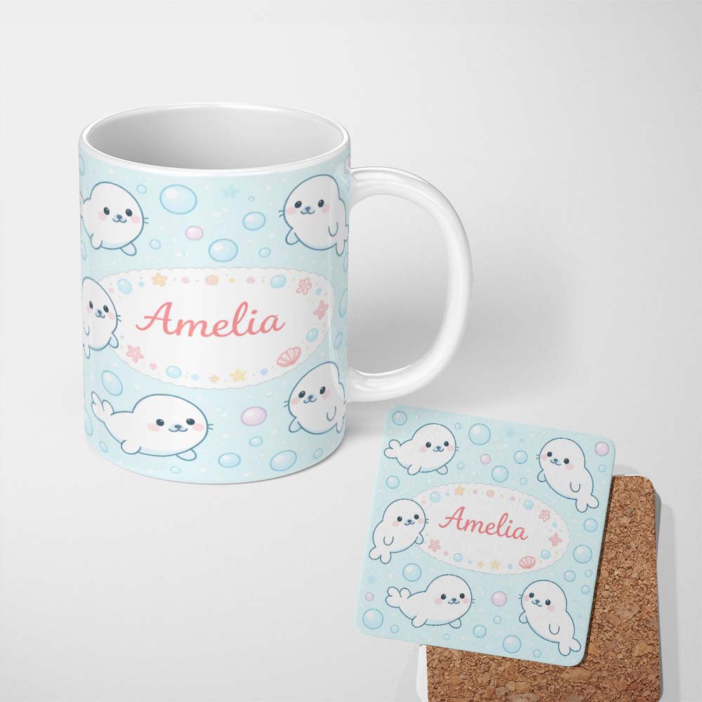 Personalized Custom Name Cute Kawaii Seal Cartoon Animal Ocean Pattern Stylish Everyday Mug 11oz Ceramic Coffee Tea Mug White Large Handle