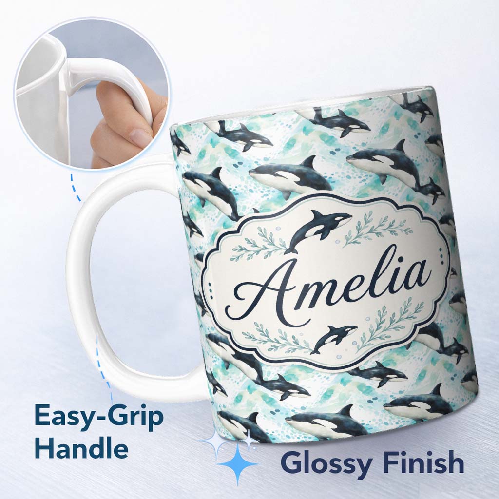 Personalized Custom Name Stylised Orca Whale Wave Seamless Pattern Nautical Ocean Scene 11oz Ceramic Coffee Tea Mug White Large Handle