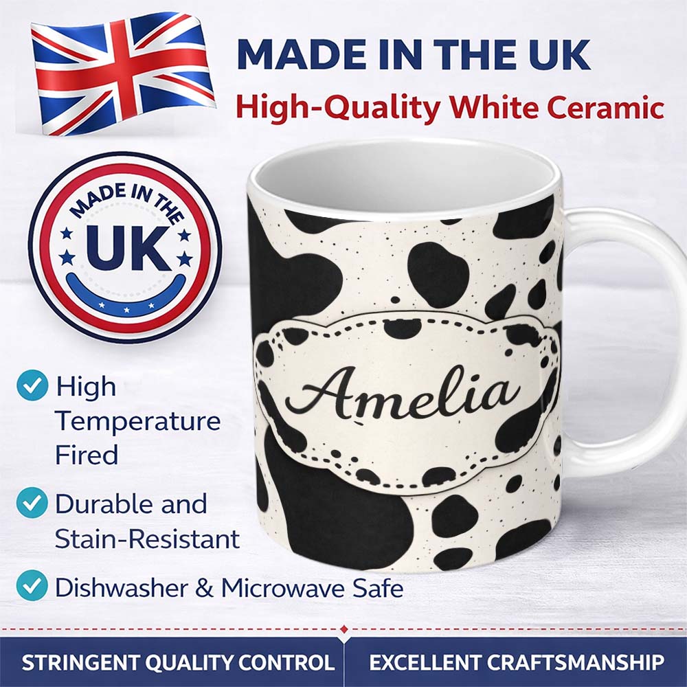 Personalized Custom Name Speckled Organic Shapes Black Cream Abstract Spot Pattern Lovely 11oz Ceramic Coffee Tea Mug White Large Handle