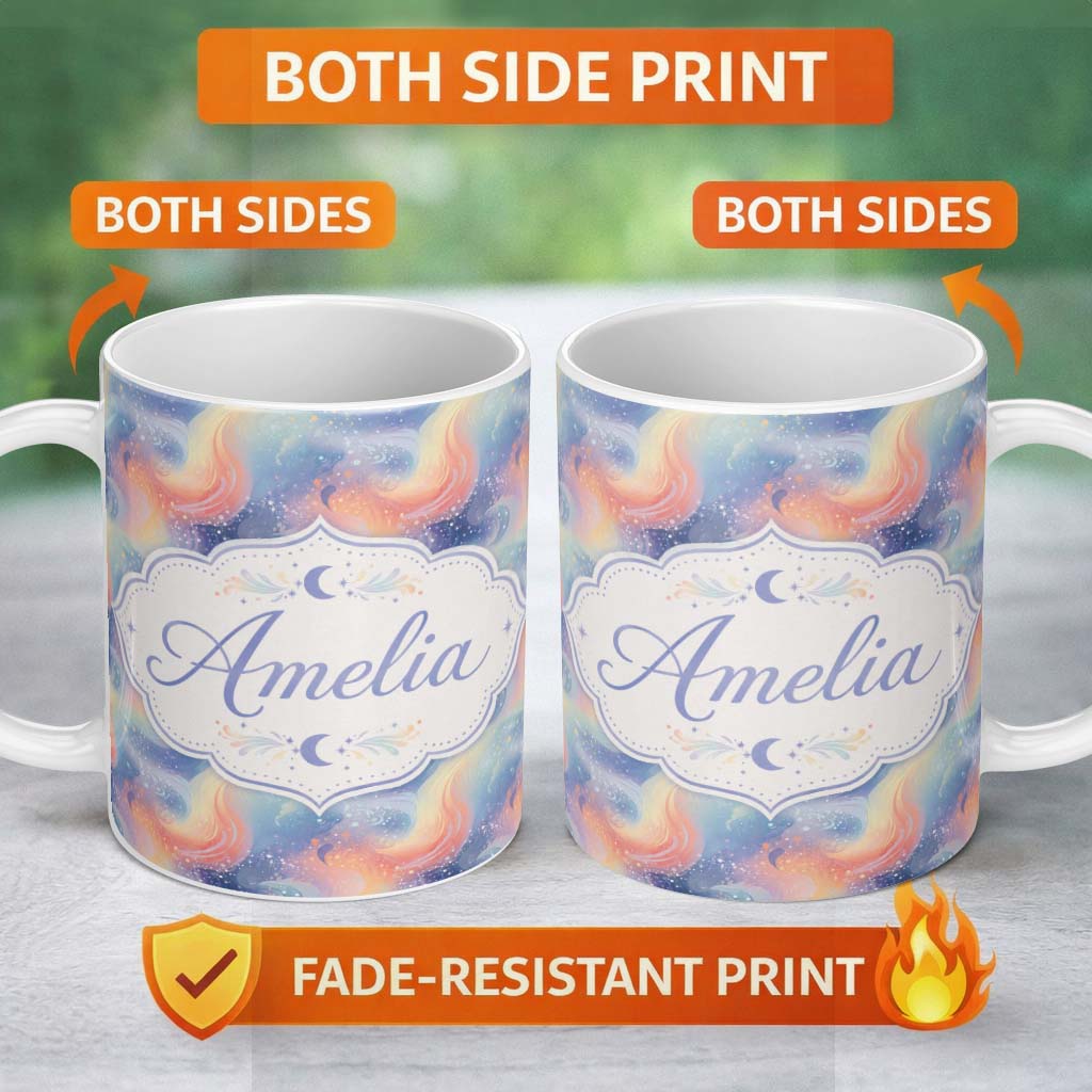 Personalized Custom Name Soft Pastel Swirl Galaxy Space Seamless Pattern Dreamy Cosmic Lovely 11oz Ceramic Coffee Tea Mug White Large Handle