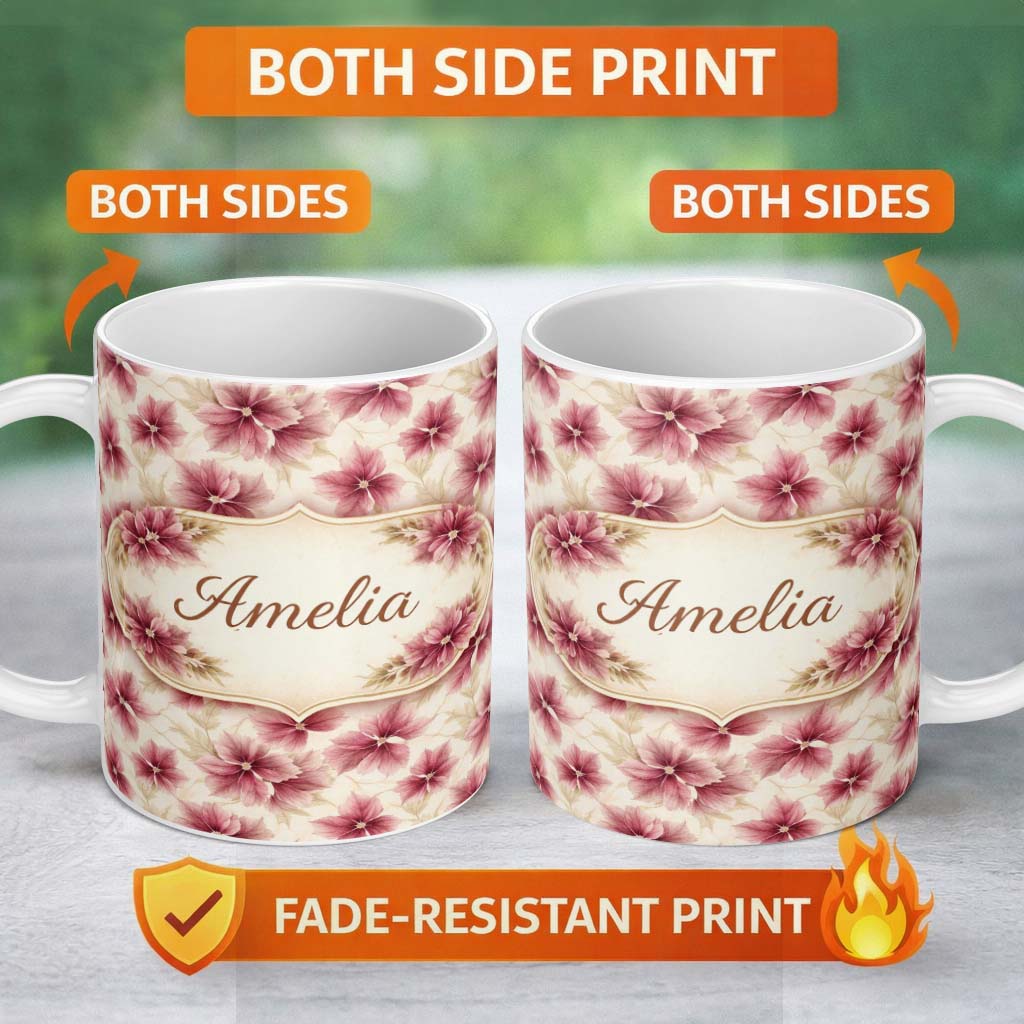 Personalized Custom Name Soft Pink Watercolor Leaf Botanical Seamless Pattern Lovely 11oz Ceramic Coffee Tea Mug White Large Handle