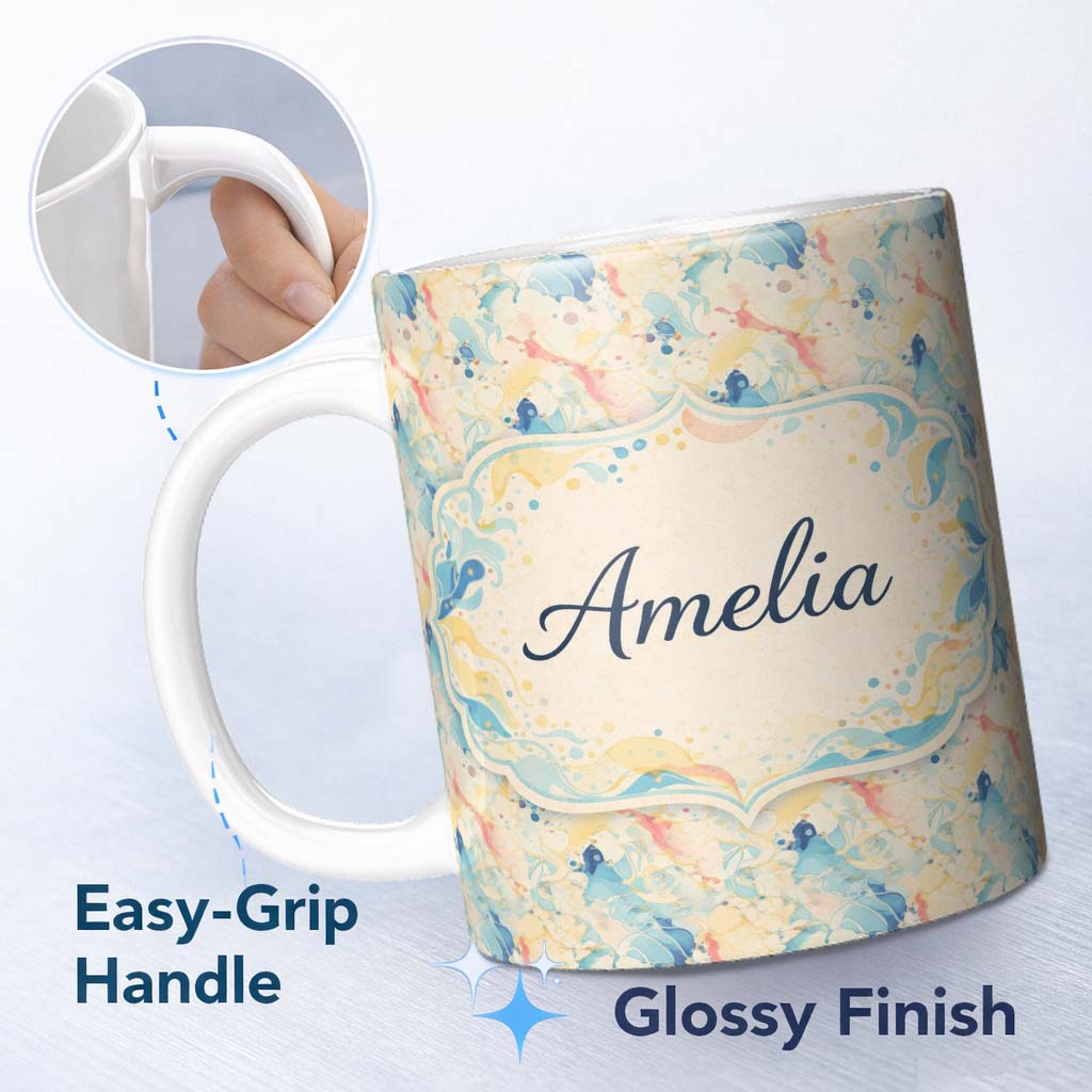 Personalized Custom Name Colour Splash Artistic Drip Abstract Multicolour Pattern Lovely 11oz Ceramic Coffee Tea Mug White Large Handle