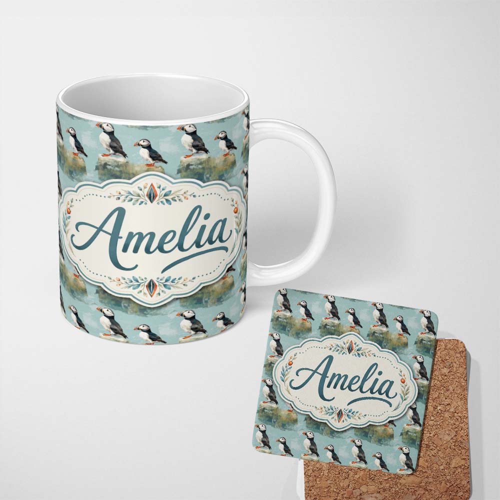 Personalized Custom Name Puffin Bird Pattern Coastal Wildlife Rock Scene Seamless Design 11oz Ceramic Coffee Tea Mug White Large Handle
