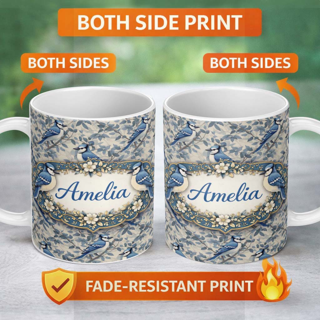 Personalized Custom Name Blue Jay Bird Neutral Botanical Leaf Classic Nature Textile Design 11oz Ceramic Coffee Tea Mug White Large Handle