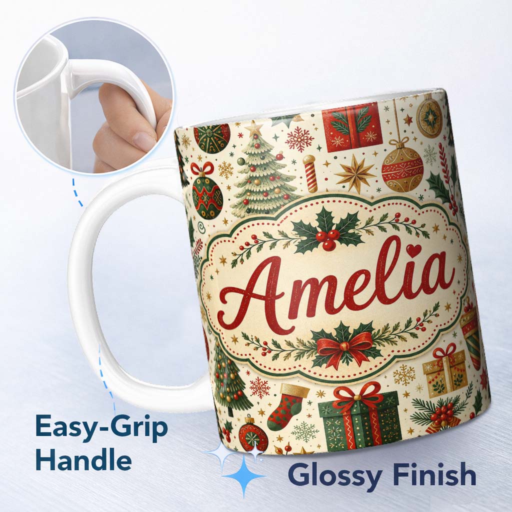Personalized Custom Name Vintage Christmas Tree Gift Ornament Star Festive Seamless Pattern 11oz Ceramic Coffee Tea Mug White Large Handle
