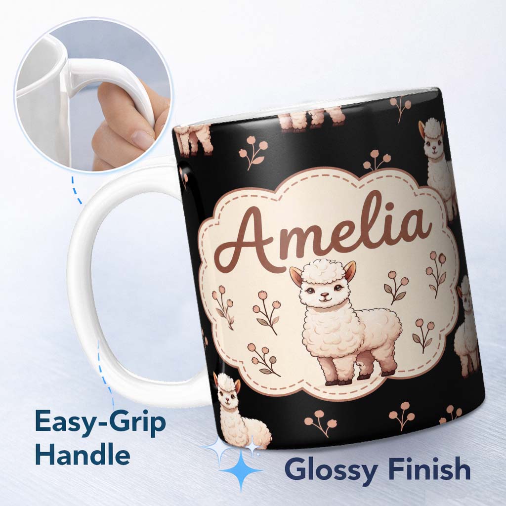 Personalized Custom Name Cute Alpaca Llama Farm Animals Floral Seamless Pattern Black Lovely 11oz Ceramic Coffee Tea Mug White Large Handle