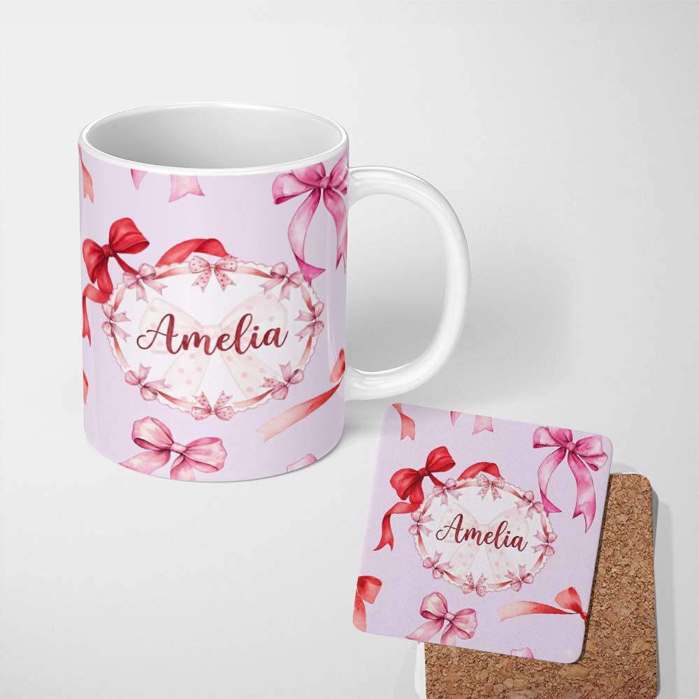Personalized Custom Name Watercolor Red Pink Ribbon Bows Soft Lilac Background Cute Girly 11oz Ceramic Coffee Tea Mug White Large Handle