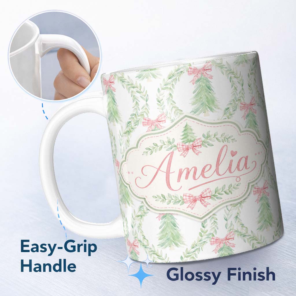 Personalized Custom Name Pastel Green Wreath Ribbon Christmas Tree Seamless Pattern Lovely 11oz Ceramic Coffee Tea Mug White Large Handle