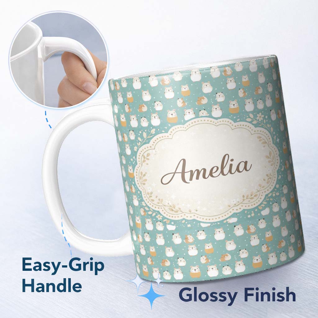 Personalized Custom Name Cute Hamster Winter Snow Seamless Pattern Beautiful Coffee Cup 11oz Ceramic Coffee Tea Mug White Large Handle