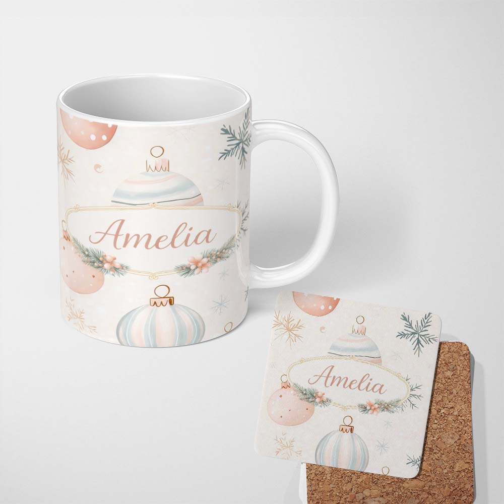 Personalized Custom Name Minimal Pastel Christmas Baubles Seamless Pattern Cute Unique Gift 11oz Ceramic Coffee Tea Mug White Large Handle
