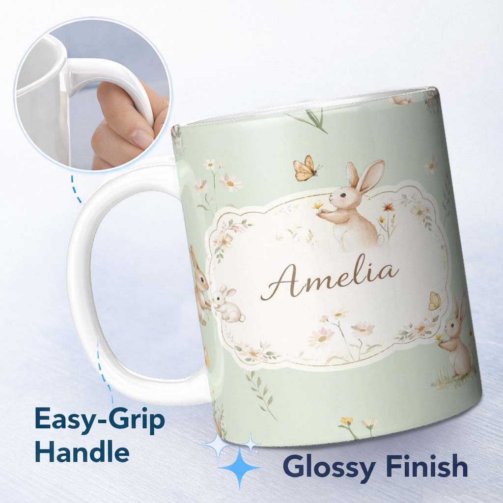 Personalized Custom Name Watercolor Bunny Floral Meadow Light Grey Seamless Pattern Lovely 11oz Ceramic Coffee Tea Mug White Large Handle