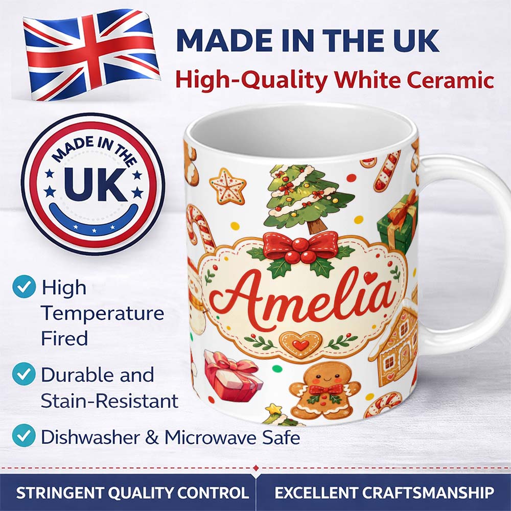 Personalized Custom Name Cute Gingerbread Man Christmas Tree Candy Cane Holiday Pattern Grey 11oz Ceramic Coffee Tea Mug White Large Handle