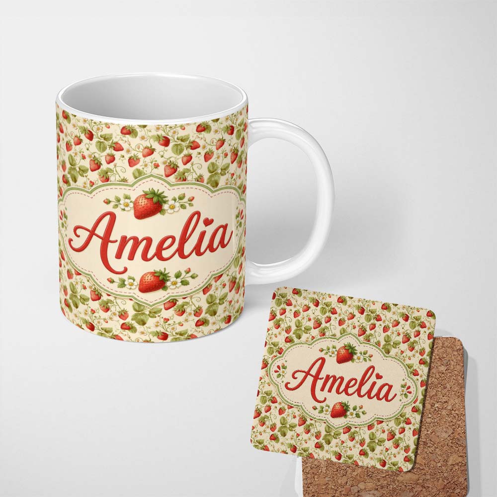 Personalized Custom Name Vintage Strawberries Flowers and Leaves on Cream Background Seamless 11oz Ceramic Coffee Tea Mug White Large Handle