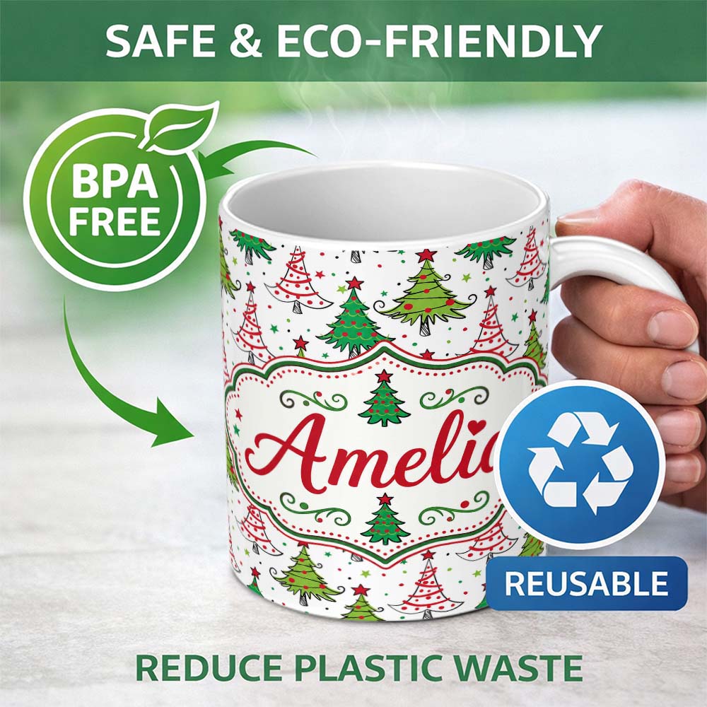 Personalized Custom Name Whimsical Christmas Trees with Red Green Patterns and Stars Seamless 11oz Ceramic Coffee Tea Mug White Large Handle