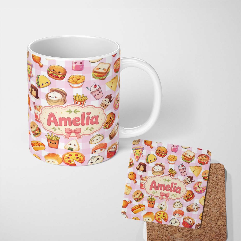 Personalized Custom Name Kawaii Fast Food Burger Sushi Taco Pizza Pink Gingham Seamless 11oz Ceramic Coffee Tea Mug White Large Handle