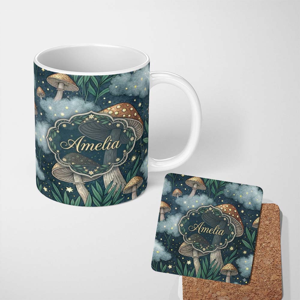 Personalized Custom Name Purple Mystical Trees Moon Stars Night Seamless Pattern Lovely 11oz Ceramic Coffee Tea Mug White Large Handle