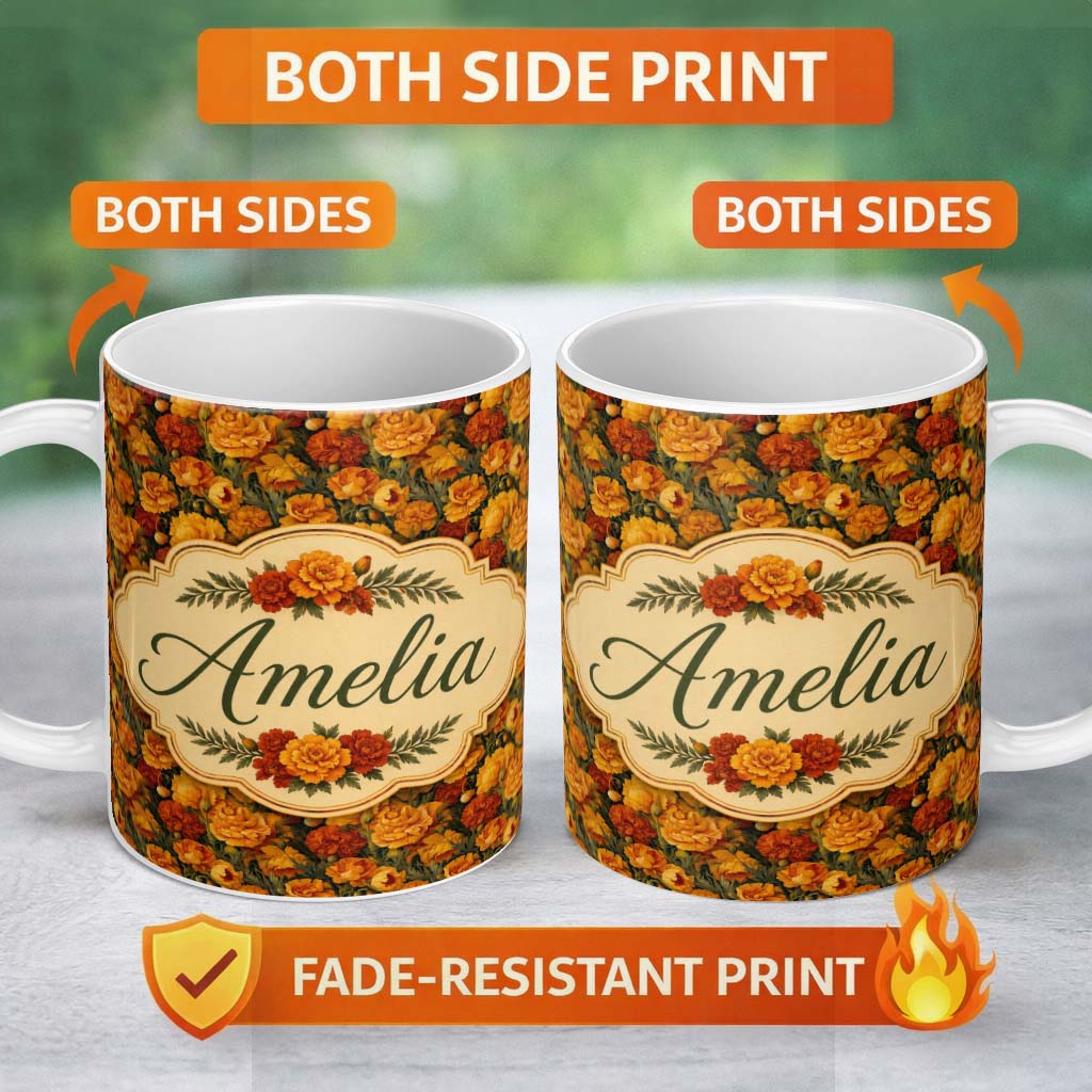 Personalized Custom Name Rich Orange Floral Garden Seamless Pattern on Dark Background Lovely 11oz Ceramic Coffee Tea Mug White Large Handle