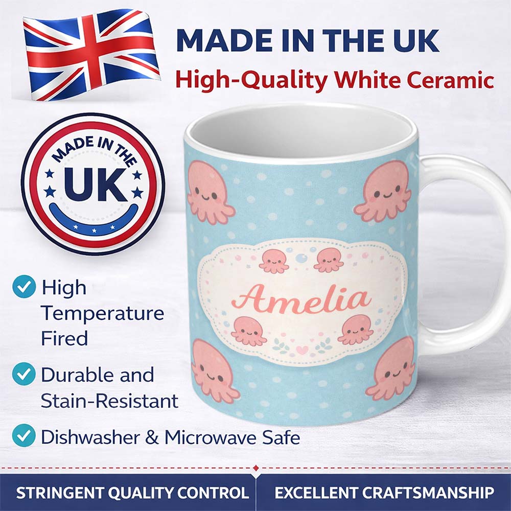 Personalized Custom Name Cute Pink Octopus Cartoon Sea Animal Pattern Charming Kitchen Decor 11oz Ceramic Coffee Tea Mug White Large Handle