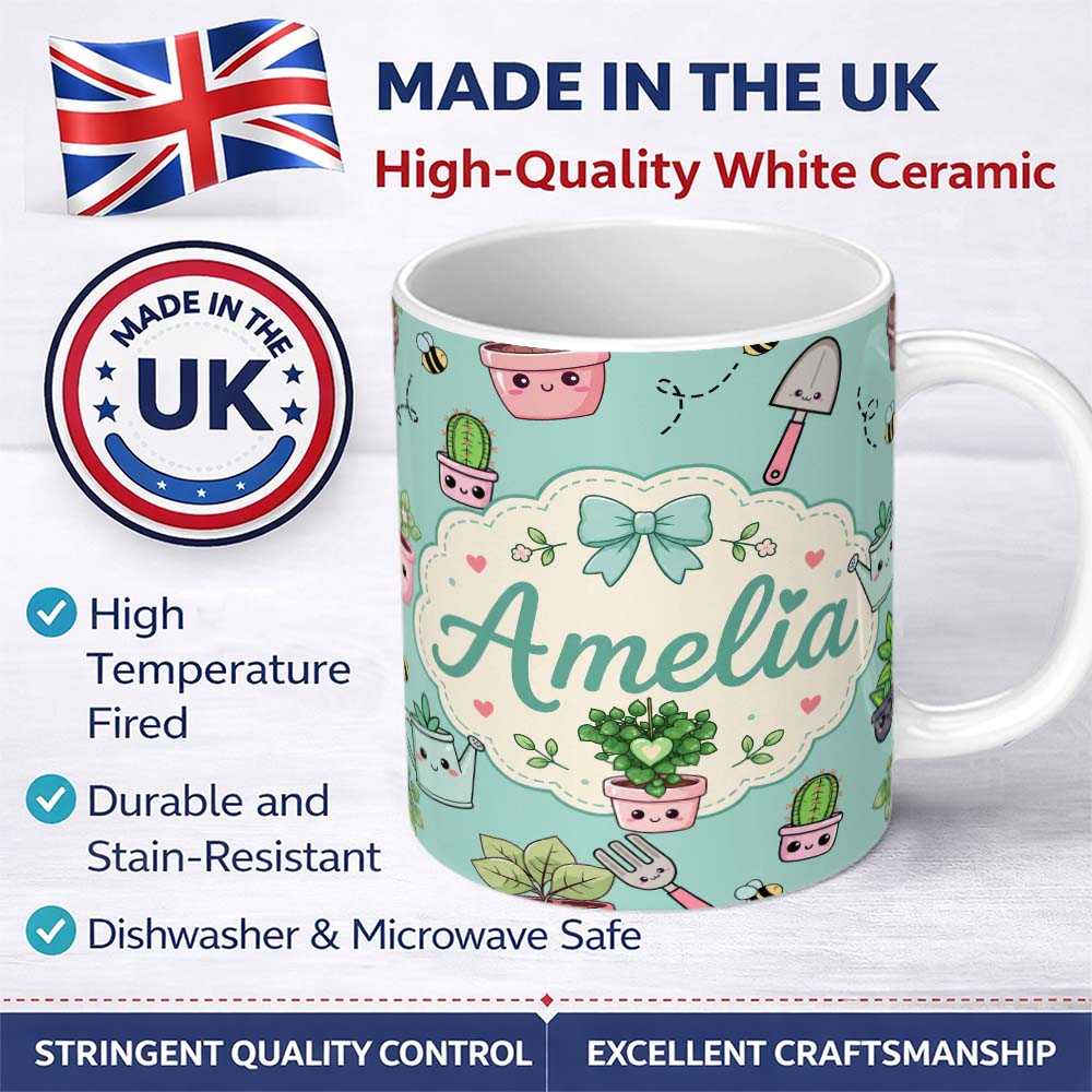 Personalized Custom Name Cute Kawaii Garden Tools Plants Bees Seamless Pattern Mint Lovely 11oz Ceramic Coffee Tea Mug White Large Handle