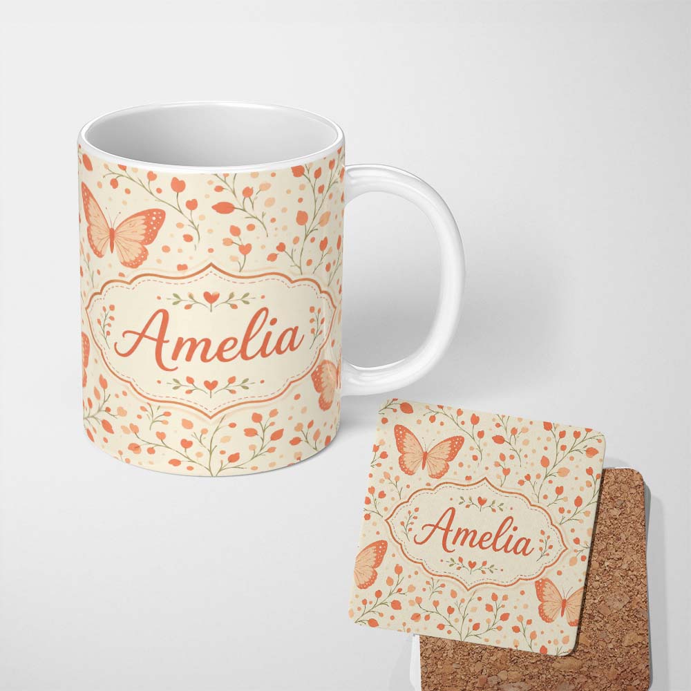 Personalized Custom Name Soft Butterfly with Floral Hearts Neutral Seamless Pattern Lovely 11oz Ceramic Coffee Tea Mug White Large Handle