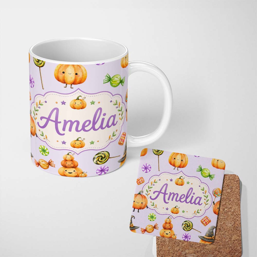 Personalized Custom Name Cute Halloween Pumpkin Candy Characters Lilac Background Seamless 11oz Ceramic Coffee Tea Mug White Large Handle